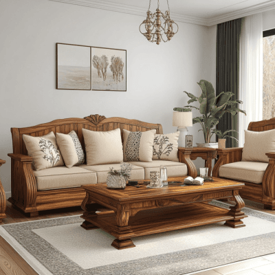Traditional Living Room Design With Wooden Sofa Set And Wooden Coffee Table
