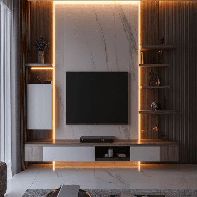 Modern White And Wood Wall-Mounted TV Unit Design With Backlit Panel And Open Shelves