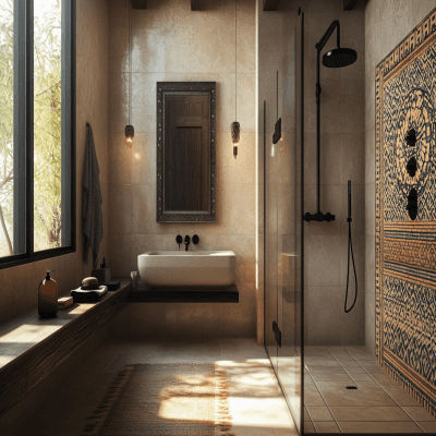 Ceramic Transitional Bathroom Tile Design With Beige Wall Tiles And Moroccan Pattern