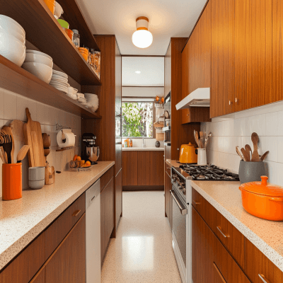 Mid-Century Modern Parallel Kitchen Design with Quartz Countertop