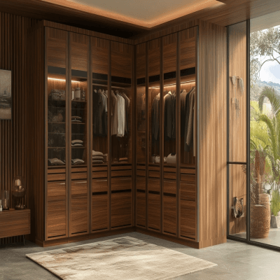 Contemporary 6-Door Cherry Walnut L-Shaped Walk-In Wardrobe Design With Glass Shutters