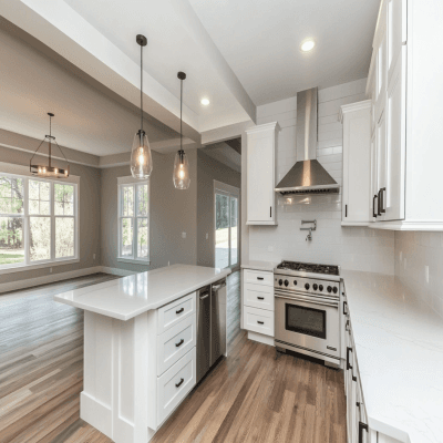 Modern Open Kitchen Design in Oak and White