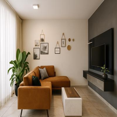 Modern Living Room Design with LShaped Sofa and Dark TV Wall