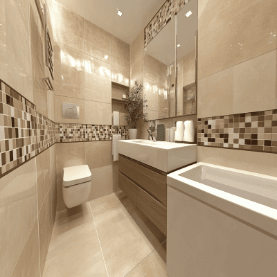 Modern Beige-White And Brown Bathroom Tile Design With Rectangular Mirror