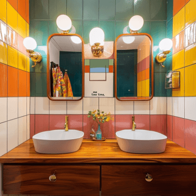 Art Deco Bathroom Design with Multicolour Tiles and Wood Countertop