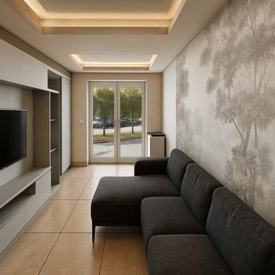 Medium Minimalist Grey Living Room Design with Nature Wall Mural