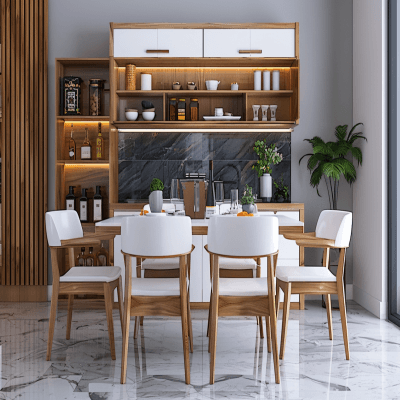 Contemporary 6-Seater White And Wood Dining Room Design With Crockery-Cum-Bar Unit