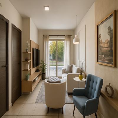 Compact Contemporary Beige Living Room Design with Accent Armchair