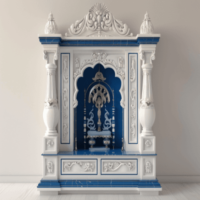 Contemporary White And Blue Mandir Design With Drawer And Shutter Storage