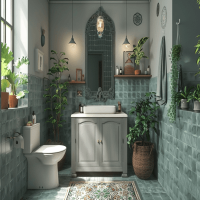 Modern Bathroom Design With Grey Vanity Unit And Moroccan Tiling