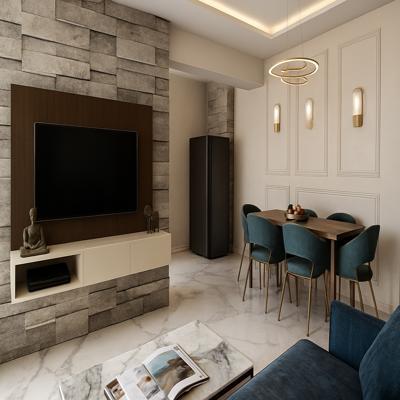 Modern Living Room Design with Stone TV Wall and Dining Corner