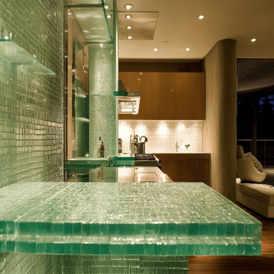 Sage Green Glass Tiles Contemporary Open Kitchen Design
