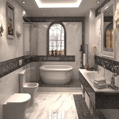 Classic Glossy Marble Bathroom Tile Design In White And Grey