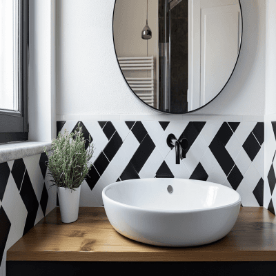 Modern Bathroom Design with Black and White Tiles and Round Mirror