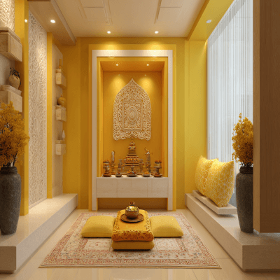 Modern Pooja Room Design In Yellow