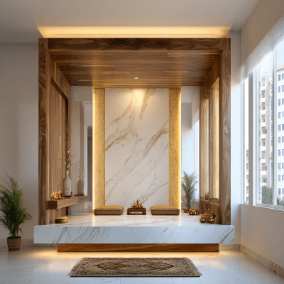 Modern Pooja Room Design With Wooden Beams