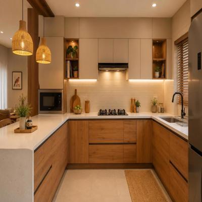 Modular Beige And Wooden Kitchen Design