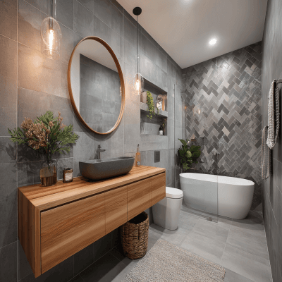 Small Bathroom Idea With Grey Wall Tiles