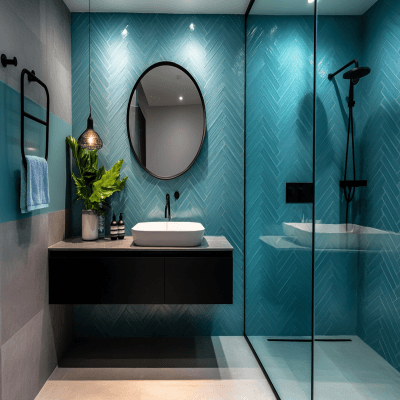 Contemporary Teal Blue Chevron Bathroom Tile Design