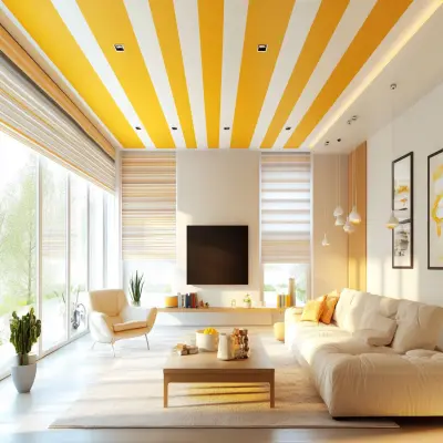 Modern Yellow And White Striped Living Room False Ceiling Design