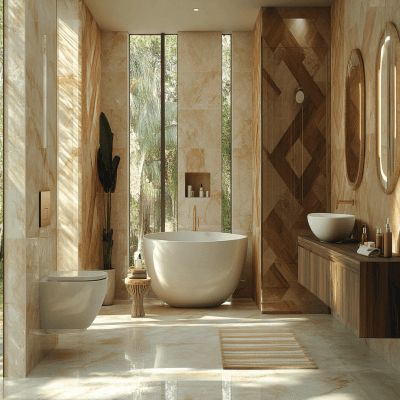 Modern Marble And Wood Bathroom Tile Design