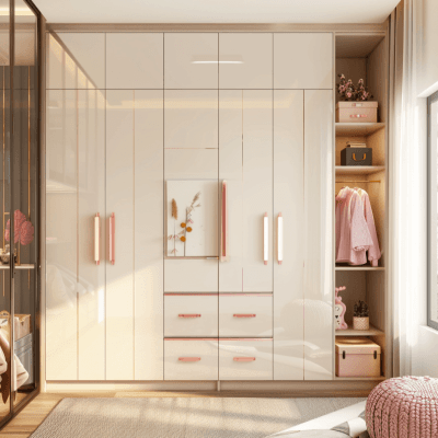 Modern Frosty White 4-Door Swing Wardrobe Design With Pink Handles And Open Storage