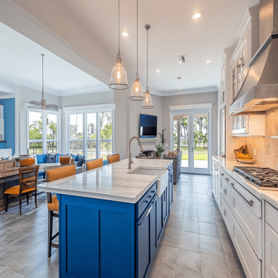 Modern Blue and White Open Kitchen Design