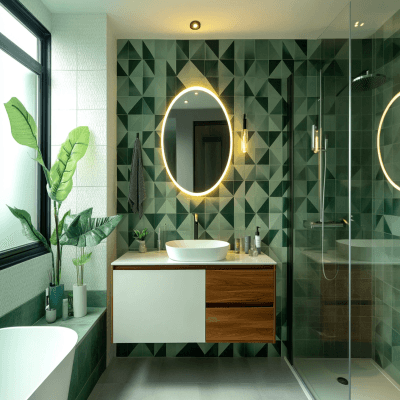 Contemporary Dark Green And White Geometric Bathroom Tile Design
