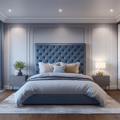 Modern Master Bedroom Design With King Bed and Blue Tufted Headboard