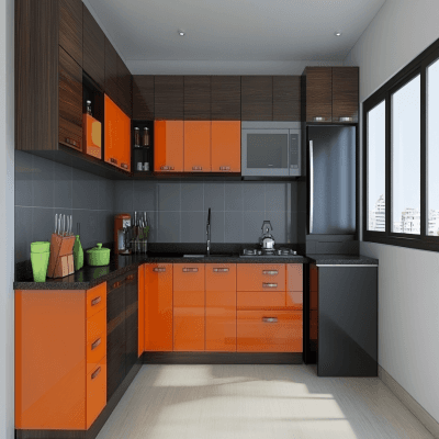 Walnut and Orange Modern L-Shaped Kitchen Design
