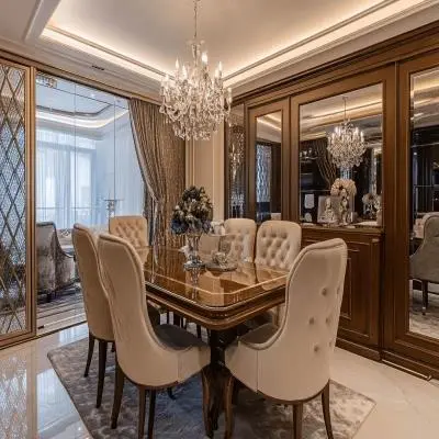Classic Wood And Beige 6-Seater Dining Room Design With Mirrored Wall Panel