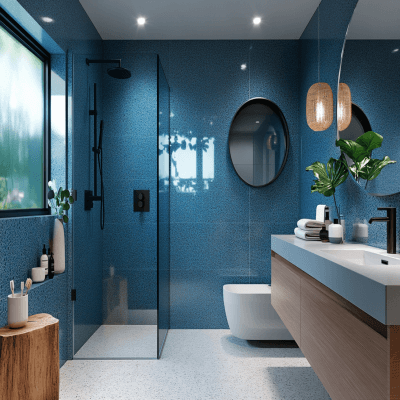 Coastal Blue Ceramic And Terrazzo Grey Bathroom Tile Design