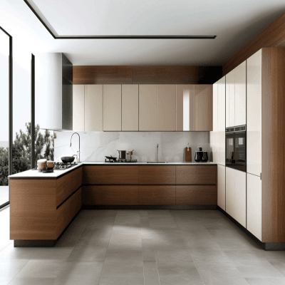 Modern Modular-shaped Kitchen Design With Cappuccino and White Cabinets
