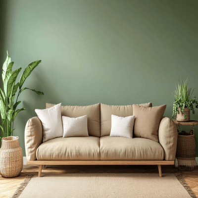Modern Light Green Living Room Wall Paint Design With Tan Sofas