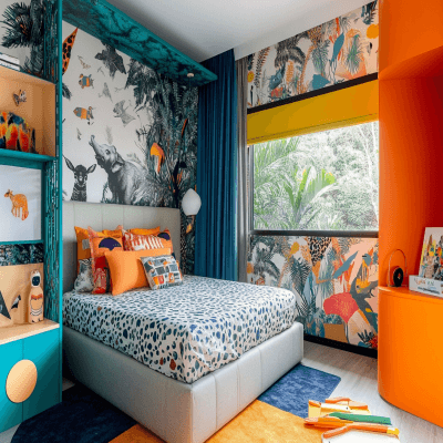 Contemporary Kids Bedroom Design with Colorful Wallpaper