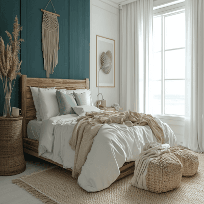 Coastal White And Teal Blue Bedroom Wall Paint Design