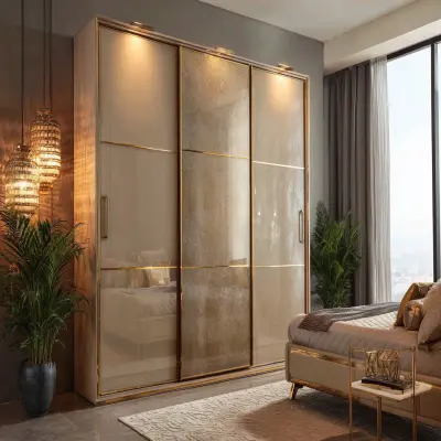 3-Door Champagne Sliding Wardrobe Design in High Gloss Finish