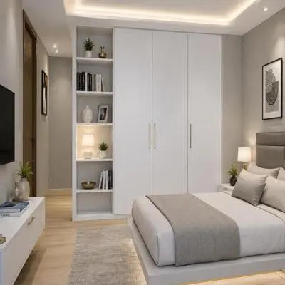 3 Door Contemporary Hing Wardrobe Design With Open Shelves