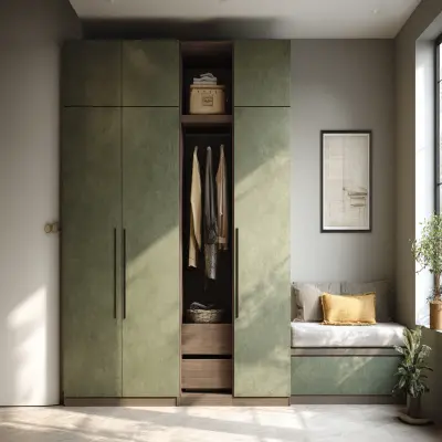 3-Door Olive Green Modern Swing Wardrobe Design in Suede Finish