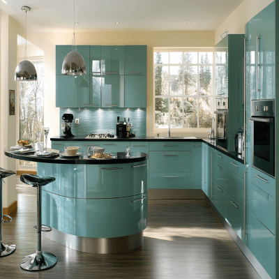 Spacious Modern Indian Kitchen Design in Aqua Green Colour
