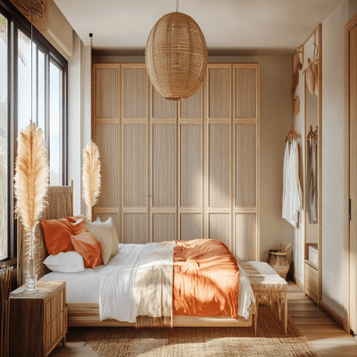 Scandinavian 6-Door Autumn Leaf And Rattan Swing Wardrobe Design With Dressing Table