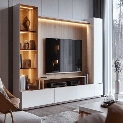 Modern White and Wood TV Cabinet with Drawer Storage and Glass Storage Unit