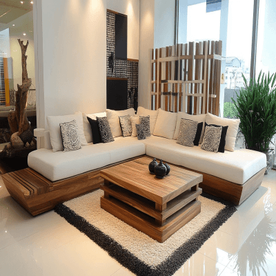 Traditional Living Room Design With White L-Shaped Sofa And Wooden Seater