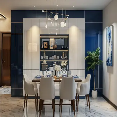 Contemporary 4-Seater White And Dark Blue Dining Room Design With White Crockery Unit