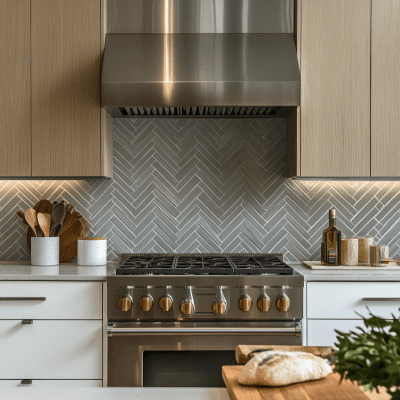 Modern Herringbone Ceramic Kitchen Tile Design in Grey and White