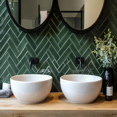 Dark Green Contemporary Herringbone Bathroom Tile Design