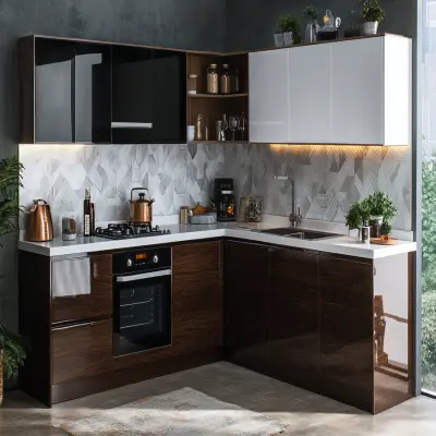 Modern Modular L-Shaped White And Brown Indian Kitchen Design With Geometric Backsplash