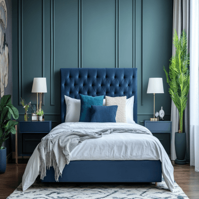 Modern Master Bedroom Design With Queen Sized Bed And Blue Tufted Headboard