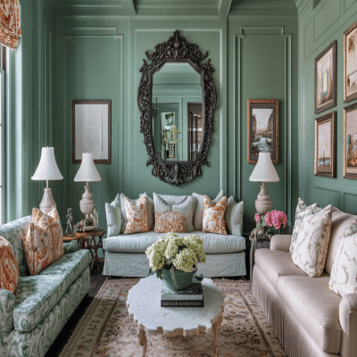 Modern Sea Green Living Room Wall Paint Design With Ornamental Mirror