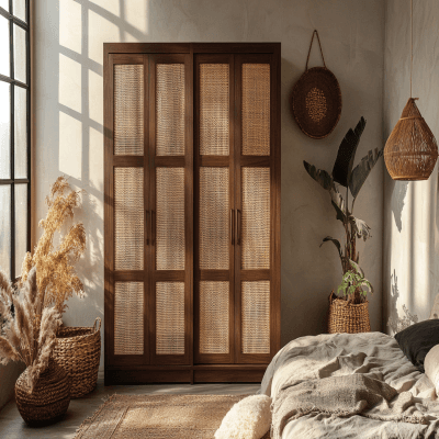 4-Door Bohemian Wardrobe Design in Walnut Bronze with Cane Panels